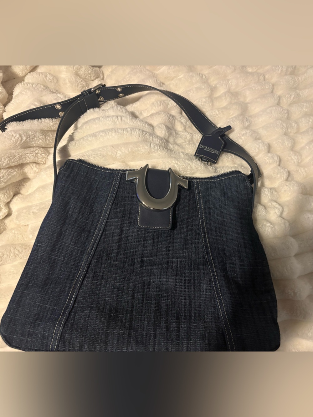 True Religion Dark Blue Denim Shoulder Bag with Silver Hardware